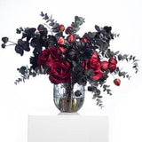 Gothic Romance - Red Queen Rose, Black Orchid & Daisy, Chinese Lantern, Midnight Eucalyptus in Cut Glass Smoke Vase