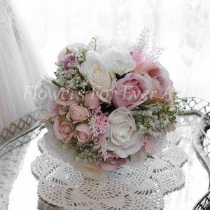 Ava Bridesmaid Bouquet, White Blush bridesmaid posy, Dusty Pink, Silk Wedding Bouquet Artificial Wedding Flowers Posy Rose baby's breath