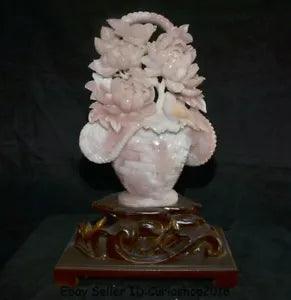 18.4" Natural Pink Xiu Jade Jadeite Hand Carved Birds peony Flower Basket Statue