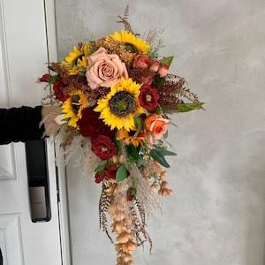Cascading Sunflower Wedding Bouquet 14?¡À Artificial with Rust Orange Rose, Wine Rose, Real Dried Pampas Grass