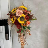 Cascading Sunflower Wedding Bouquet 14?¡À Artificial with Rust Orange Rose, Wine Rose, Real Dried Pampas Grass