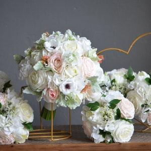 Artificial White Blush Wedding Bouquet, Real Touch Faux Flowers, White Hydrangea Bouquet, Dusty Millers, Boho Rustic Bouquet, Boutonnieres