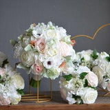 Artificial White Blush Wedding Bouquet, Real Touch Faux Flowers, White Hydrangea Bouquet, Dusty Millers, Boho Rustic Bouquet, Boutonnieres
