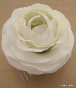 3 1/2" Cream White Ranunculus Silk Flower Hair Comb, Wedding.Prom,Dance,Party