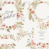 Watercolor Boho Flower wreaths and frames. Floral and Pampass clipart. Bohemian Dried floral bouquets. Wild Grass. Orchid flowers clipart