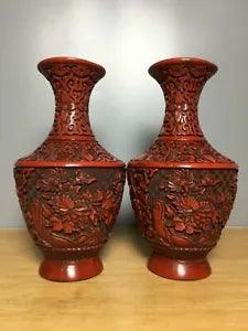 7.9" China Old Antique dynasty mark Lacquer ware A pair peony flower Vase