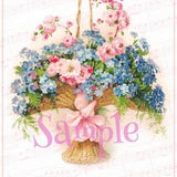 Fabric Art Quilt Block - Beautiful Forget me Not Bouquet-  Cotton 8015