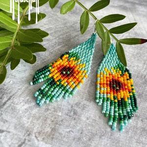 Sunflower beaded earrings Flower seed bead earrings Floral long earrings Yellow and turquoise tassel earrings Ukraine earrings Chandelier