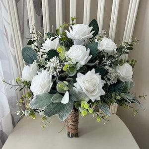 Boho wedding bouquet, premium realistic white roses & greenery bridal bouquet, sage seeded eucalyptus faux garden style bridesmaids bouquet