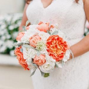 Fake Flowers Rustic Orange Coral Bridal Bouquet, Real Touch Peonies, Roses, Hydrangeas, Silk Wedding Bouquet, Groom Boutonniere, Lamb's ears