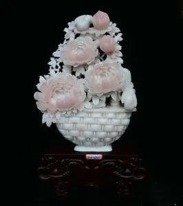 18.4"Delicate Natural Xiu Pink Jade Carved subshrubby peony flower Basket Statue
