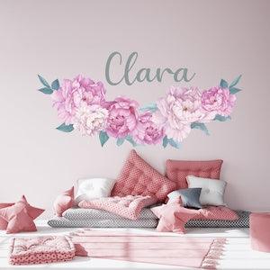 Peony Wall Decal Baby Girl Badroom, Custom Name Wall Decor Children Nursery, Watercolor Pink Peonies For Wall, Personalized Vinyl Sticker