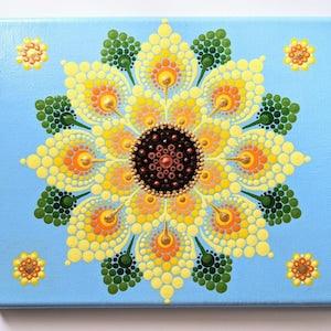 Sunflower Dot Mandala Painting on Stretched Canvas. Original Sunflower Sky Dot Art. Zen, Boho Home Decor. One of a Kind Sunflower Painting.