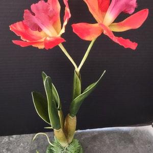Vintage Cattleya Orchid  W/O pot Silk Flowers Plants RED/ORANGE