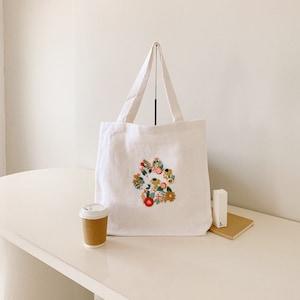 Double Sided Linen Tote Bag, Hand Embroidery, Puppy Paw Petal Sunflower Embroidery Bag