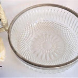 Clear Glass Serving Bowl, Silver Rim Serving Dish, MCM Kitchen Tableware, Heavy Retro Salad Dish, Sunflower Diamond & Vertical Cut Designs