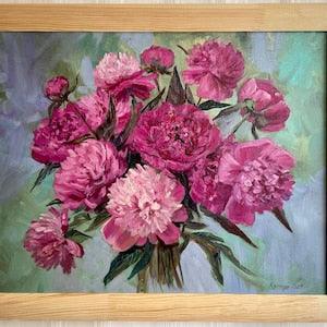 Bouquet of peonies Original Oil Painting Shades of pink Bright and light pink peonies Peony flowers White pink green