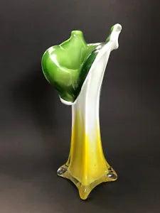 Art Glass Vase Cased Jack in the Pulpit Calla Lily Flower Yellow White Green 8"