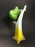 Art Glass Vase Cased Jack in the Pulpit Calla Lily Flower Yellow White Green 8