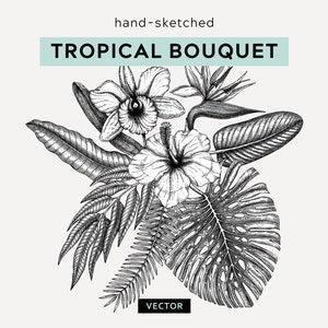Tropical wallpaper. Palm leaves line drawing. Exotic plants sketch. Flowers bouquet vector art. Tropical wedding invitation. Floral clipart