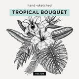 Tropical wallpaper. Palm leaves line drawing. Exotic plants sketch. Flowers bouquet vector art. Tropical wedding invitation. Floral clipart