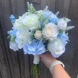 Artist Ivory and Blue Rose and Hydrangea Bouquet - Wedding Flowers - Faux Flowers