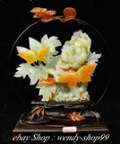 16" Chinese Natural Xiu Jade Carving Fine Bloomy Peony Flower Butterfly Statue