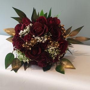 Red and Gold Wedding Bouquet - Artificial Silk Flowers For Wedding Anniversary Birthday Mothers Day | Claire De Fleurs