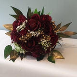 Red and Gold Wedding Bouquet - Artificial Silk Flowers For Wedding Anniversary Birthday Mothers Day | Claire De Fleurs