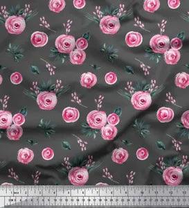 Soimoi Gray Cotton Poplin Fabric Leaves & Ranunculus Floral Print-6eW
