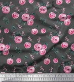 Soimoi Gray Cotton Poplin Fabric Leaves & Ranunculus Floral Print-6eW