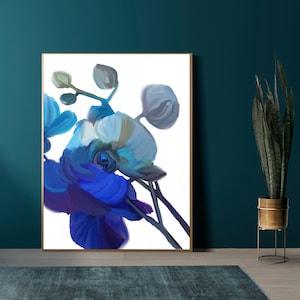 Indigo Orchid Fine Art Print, Abstract Floral, Large Modern Blue Flower, Expressionist Canvas Wall Art, UK artist