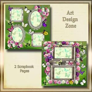 Butterflies & Flowers Scrapbook Pages with Pinks - Greens - Carnations