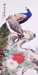 ORIENTAL ASIAN ART CHINESE WATERCOLOR PAINTING-Peony flower&Peacock lover