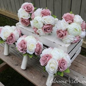 Dusty Rose and Ivory Wedding Bouquet, Ballet pink  Wedding Flowers, Bridesmaid Bouquets, Corsage, bridal Flower Package