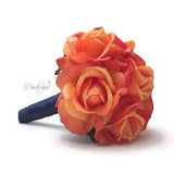 CHOOSE RIBBON COLOR - Coral Rose Bouquet, Coral Bridesmaid Bouquet, Real Touch Bouquet, Bridal, Bridesmaid, Coral and Navy Blue, Wedding