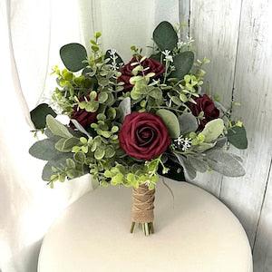 Boho burgundy rose greenery bridal bouquet eucalyptus wedding bouquet, Lambs ear sage wine merlot bridesmaid flowers