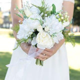 Real and silk touch Cream Peony Ranunculus Cream Tulip Baby's Breath Berry with greenery Wedding Bridal Bouquet and Boutonniere set