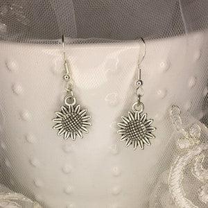 Silver Sunflower Earrings- .925 Sterling Silver Hooks 1.5"