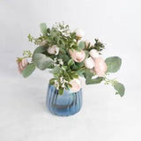 Handmade Small Faux Floral Arrangement Blush Pink Baby Peonies Clear Blue Vase