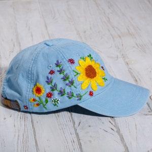 Sunflower hat, hand embroidered custom dad hat with sunflowers, wildflowers and lavender, baseball cap for mother's day gift