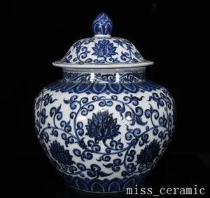 15.7" Chinese Porcelain ming dynasty xuande mark Blue white peony flower Jar pot