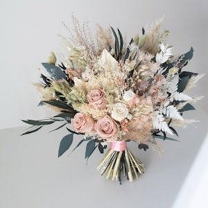 Pastel Bridal Bouquet, Rose Eucalyptus Dried Preserved Wedding Flower Arrangement, Pastel Pink Greenery Bridal Flowers, Blush Garden Wedding