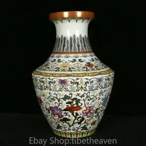 15.8" Qianlong Marked Old China Enamel Porcelain Palace Peony Flower Bottle Vase