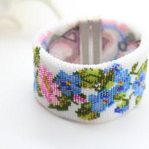Two sided Beaded Bracelet - "SPRING EXPLOSION" - Two in One Statement Bracelet - Forget-Me-Not -  Alaska??s State Flower - Reversible