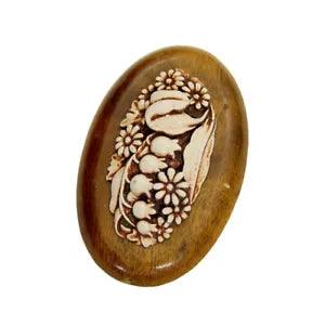 Mid-Century Celluloid Floral Flat Back Wooden Oval Pendant Lily of the Valley