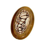 Mid-Century Celluloid Floral Flat Back Wooden Oval Pendant Lily of the Valley