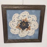 Vintage Dark Wood Framed Blue Themed Dried Pressed Flowers on Doily