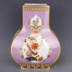 9.9" Chinese Qing Dynasty Colour Enamels Porcelain Peony Flower Bird Bottle Vase