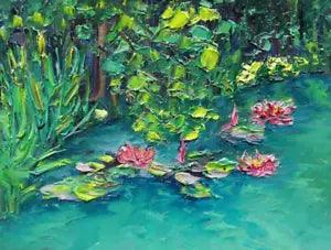 Water lilies in the pond original oil painting water landscape.No frame.7,5x5,5"